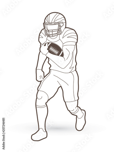 American Football player action, sport concept outline graphic vector.