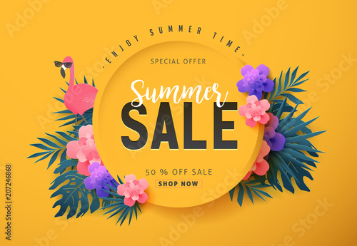 Summer sale background layout banners decorate with paper art tropical leaf and flamingo .voucher discount.Vector illustration template.