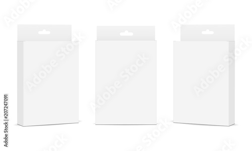 Set of packaging boxes with hang tab isolated on white background. Vector illustration
