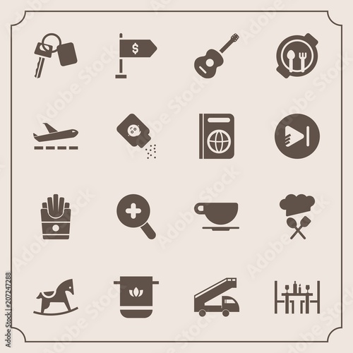 Modern, simple vector icon set with cup, towel, transportation, chief, location, auto, baby, cotton, music, kid, table, musical, bathroom, zoom, snack, french, health, glass, cloth, guitar, fast icons