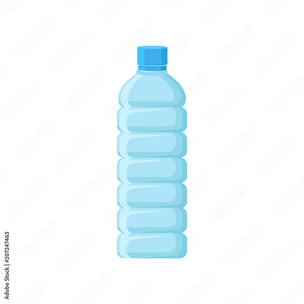 Empty plastic bottle with blue lid. Transparent container for drinking water. Flat vector element for promo banner or poster Empty plastic bottle with blue lid. Transparent container for drinking water. Flat vector element for promo banner or poster