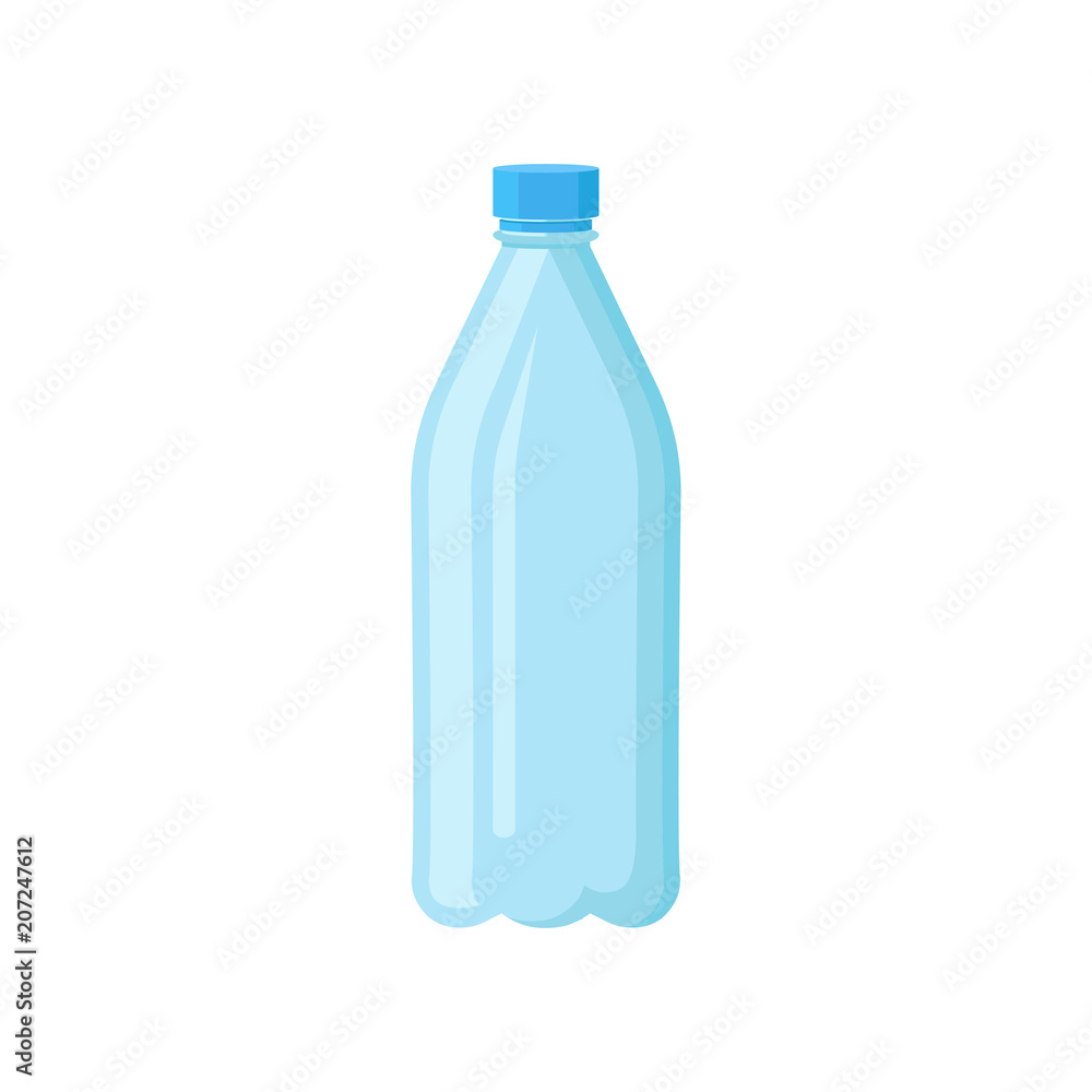 Plastic bottle with blue lid for drinking water. Transparent container for liquids. Flat vector element for banner, poster or flyer