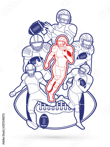 American Football player action, sport concept outline graphic vector.
