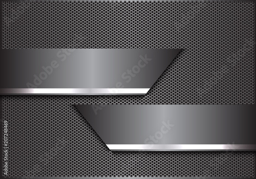 Abstract gray silver line banner on metal hexagon mesh design modern futuristic background vector illustration.