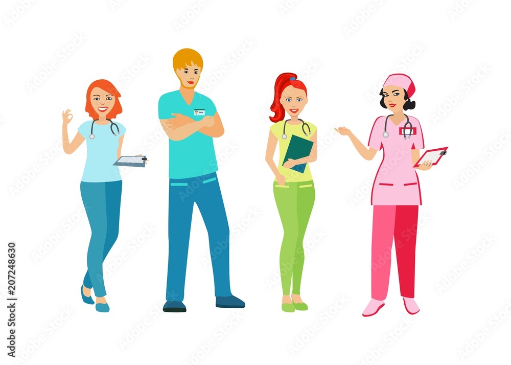 Doctors and nurses in uniform. People with a medical profession. Medical staff. Isolated icon on white background. Vector illustration.