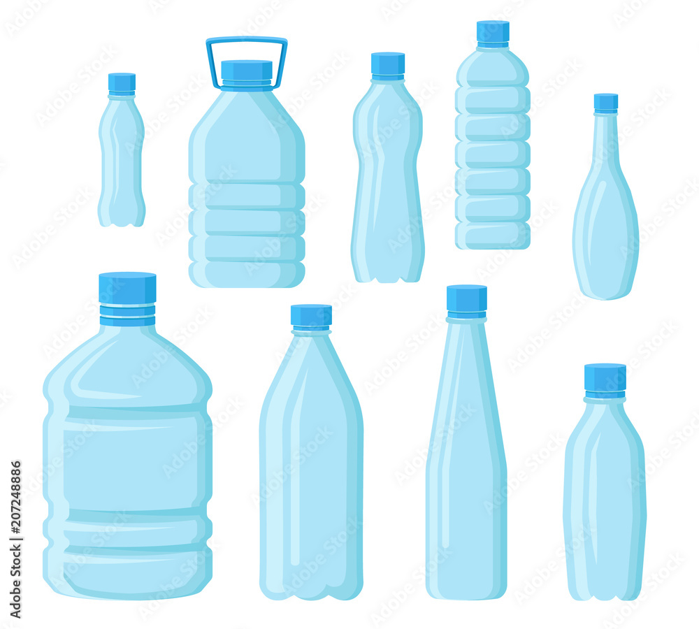 Flat vector set of empty plastic bottles in different shapes. Transparent containers for water. Elements for promo poster or banner Flat vector set of empty plastic bottles in different shapes. Transparent containers for water. Elements for promo poster or banner