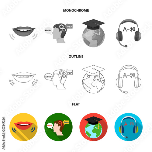 The mouth of the person speaking, the person head translating the text, the globe with the master cap, the headphones with the translation. Interpreter and translator set collection icons in flat