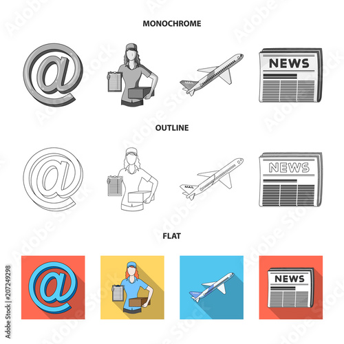 Email symbol, courier with parcel, postal airplane, pack of newspapers.Mail and postman set collection icons in flat,outline,monochrome style vector symbol stock illustration web.
