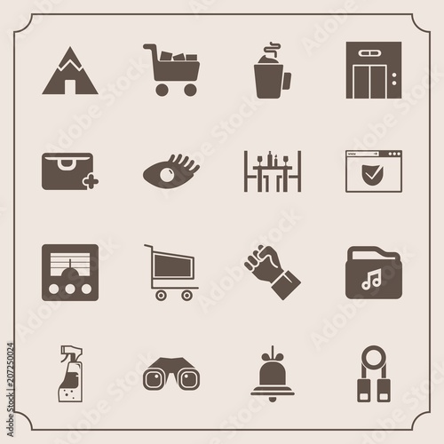 Modern, simple vector icon set with hand, modern, entrance, sale, antenna, trolley, human, retail, music, drink, elevator, cart, sign, equipment, adventure, concept, communication, bottle, bell icons