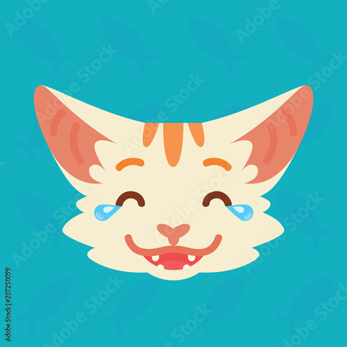 Cat emotional head. Vector illustration of cute kitty shows nicker with tears emotion. Laugh out loud emoji. Smiley icon. Chat, communication. White cat with red stripes in flat cartoon style.