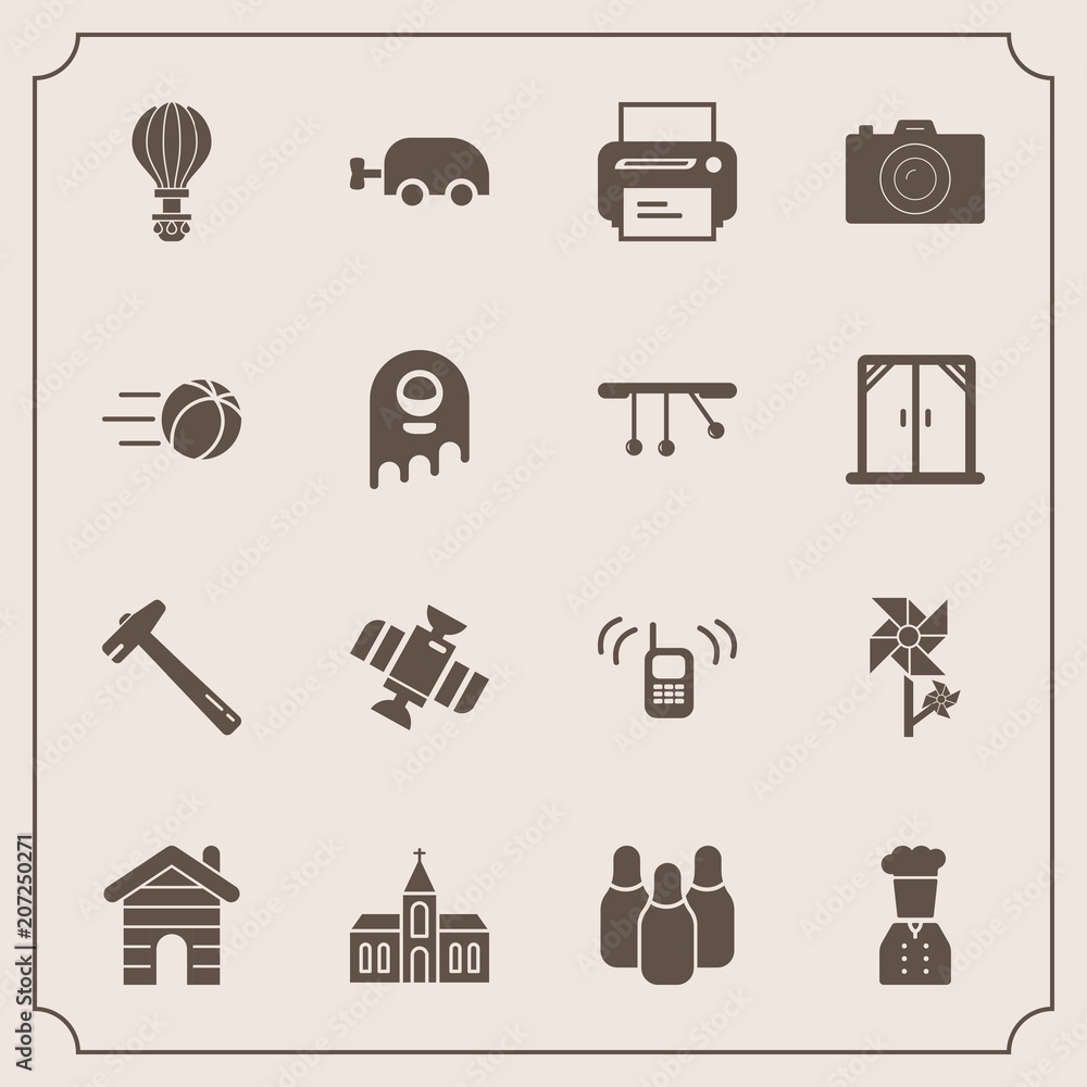 Modern, simple vector icon set with phone, wrench, telephone, station, orbit, cone, machine, planet, sky, church, printer, ball, parachute, communication, bowling, baby, flower, parachuting icons Modern, simple vector icon set with phone, wrench, telephone, station, orbit, cone, machine, planet, sky, church, printer, ball, parachute, communication, bowling, baby, flower, parachuting icons