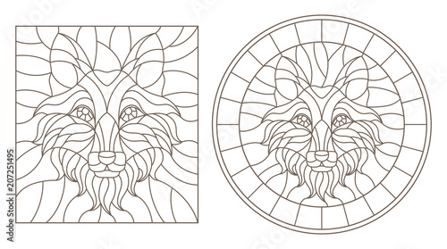 Set of contour stained glass illustrations with fox head, round and square image, dark outline on white background