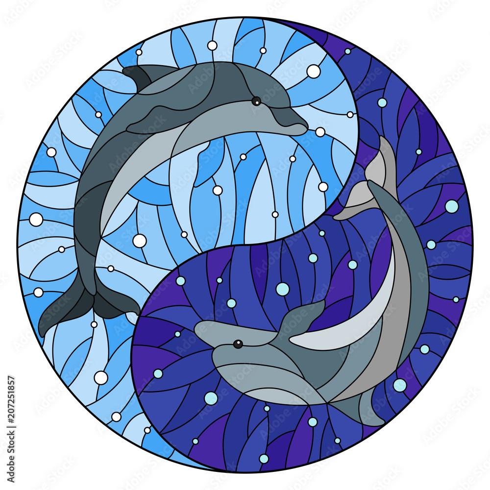 Fototapeta premium Illustration in stained glass style with two dolphins on the background of water and air bubbles in the form of the Yin Yang sign