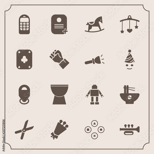 Modern, simple vector icon set with toy, meal, gardening, poker, cut, telephone, cute, phone, robot, child, communication, horse, identity, percussion, technology, musical, baby, mobile, work icons