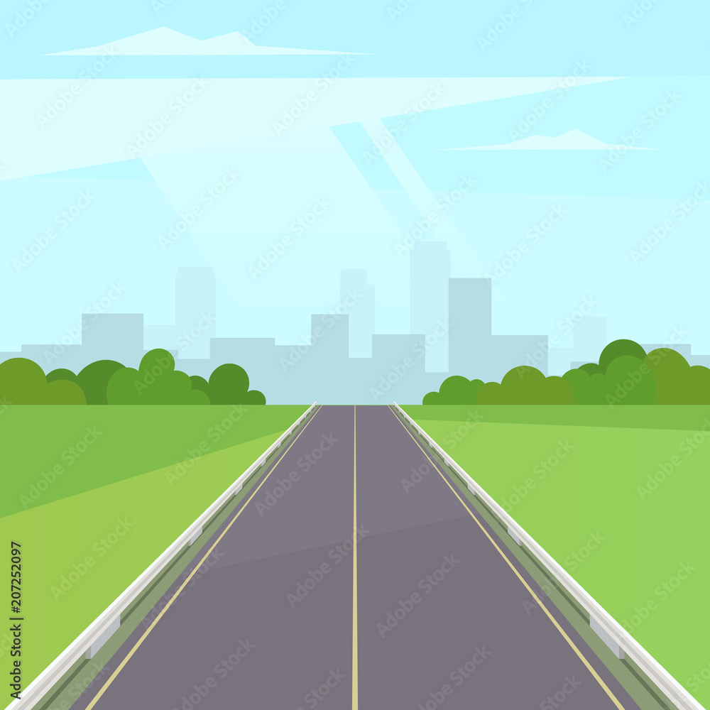 Road way to the city buildings on horizont. Landscape with highway traffic and cityscape under blue sky with clouds. Vector stock illustration in trendy flat style design - obrazy, fototapety, plakaty 