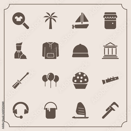 Modern, simple vector icon set with repair, doughnut, music, boat, ocean, reparation, screwdriver, industrial, clothes, female, cake, musical, clothing, construction, sound, equipment, sea, food icons