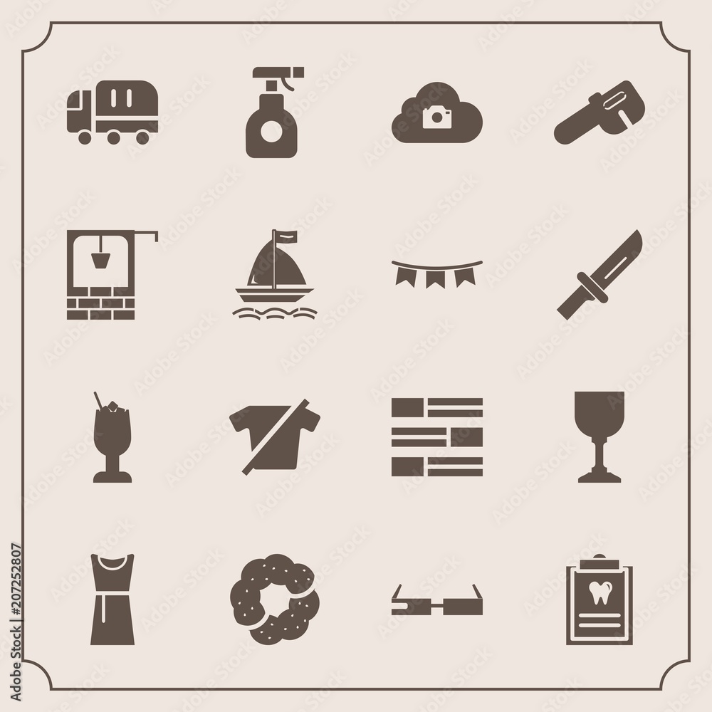 Fototapeta premium Modern, simple vector icon set with newspaper, shirt, hammer, car, dress, well, delivery, pesticide, cake, water, food, old, news, doughnut, modern, dessert, sprayer, cocktail, equipment, glass icons