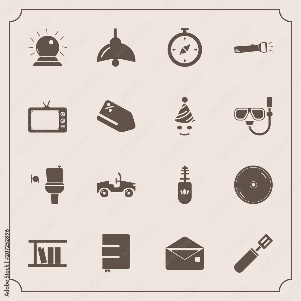 Modern, simple vector icon set with paper, dvd, black, vehicle, book, disk,  white, disc, public, kitchen, car, television, restroom, fashion, magic,  cooking, message, pan, communication, map, cd icons Stock Vector | Adobe