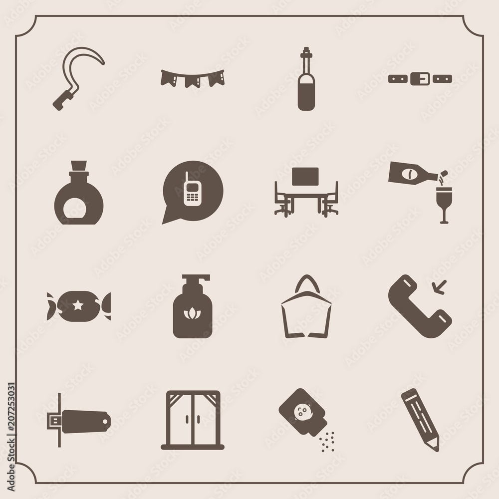 Modern, simple vector icon set with hygiene, bag, liquid, celebration, happy, gardening, agriculture, sale, phone, health, bottle, medicine, house, button, sickle, flash, laboratory, holiday, icons Modern, simple vector icon set with hygiene, bag, liquid, celebration, happy, gardening, agriculture, sale, phone, health, bottle, medicine, house, button, sickle, flash, laboratory, holiday, icons