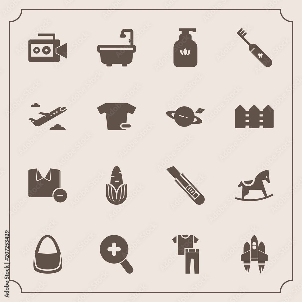 Modern, simple vector icon set with shirt, horse, equipment, clothing, spaceship, flight, sign, zoom, bag, airplane, care, cutter, departure, video, healthy, brush, bottle, vegetable, camera icons Modern, simple vector icon set with shirt, horse, equipment, clothing, spaceship, flight, sign, zoom, bag, airplane, care, cutter, departure, video, healthy, brush, bottle, vegetable, camera icons