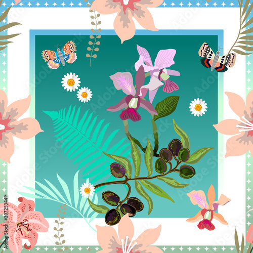 Olive branch, orchids, fern, chamomiles.