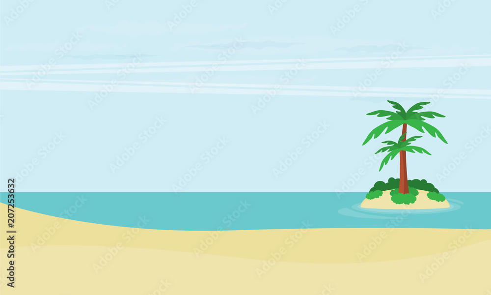 A tropical sea island with palm trees and sun. Flat design vector illustration.