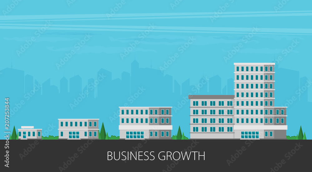 Growth of business. Buildings of company small, middle and big. Flat vector.