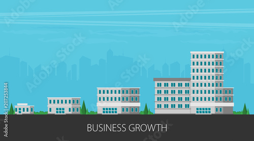 Growth of business. Buildings of company small, middle and big. Flat vector. photo