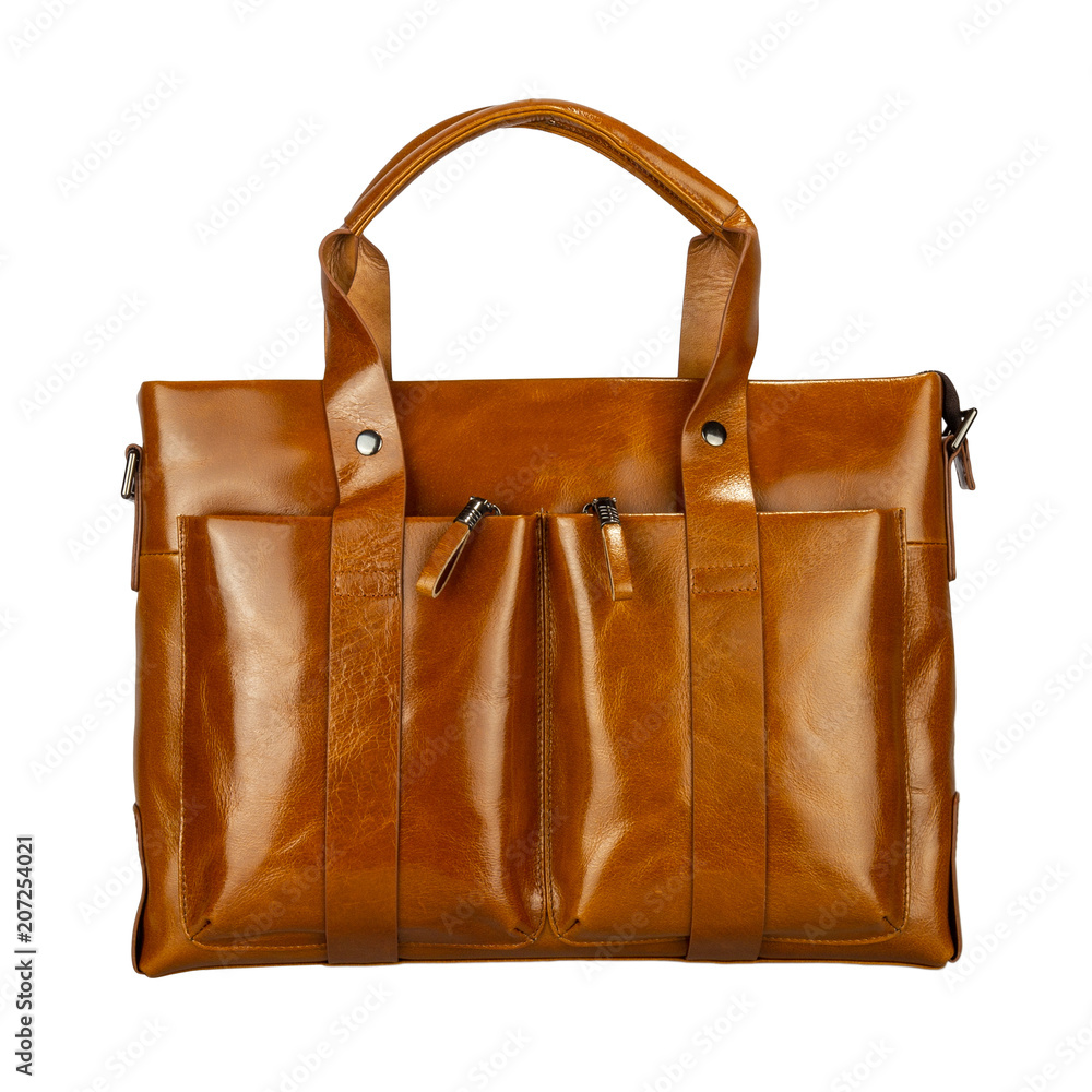 Fashionable classic bag of solid smooth patent leather natural light brown color front view, isolated on white Fashionable classic bag of solid smooth patent leather natural light brown color front view, isolated on white