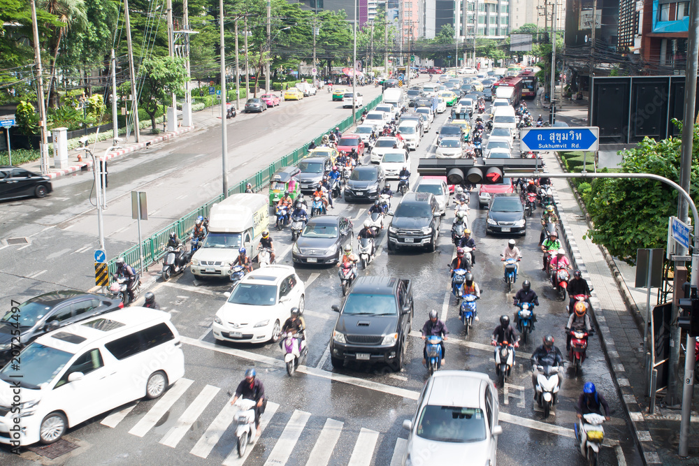 BANGKOK, THAILAND - MAY 22, 2018 : Bangkok traffic on Sukumvit Road, Asoke intersection