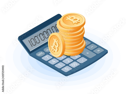 Flat isometric illustration of pile of bitcoins on the office accounting electronic calculator. The business growth, earnings, e-commerce, blockchain, cryptocurrency, profit, success vector concept.