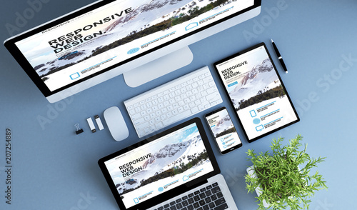 top view blue devices responsive website photo