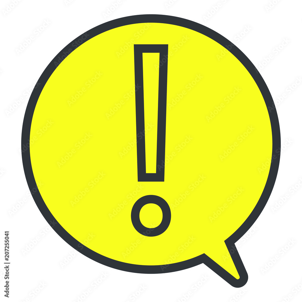 Attention icon. Warning sign. Exclamation point in yellow speech bubble. Vector illustration