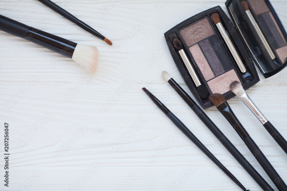 Various makeup brushes isolated over white background. Woman shows makeup brushes. Various makeup brushes isolated over white background. Woman shows makeup brushes.