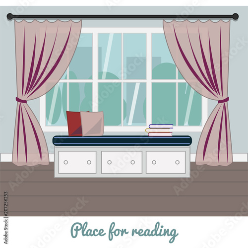 Banquette with pillow and books near the window. Place for reading and relaxing. Vector illustration.