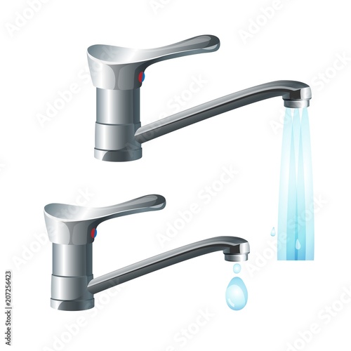 Shiny metal taps with strong water flow and big drop