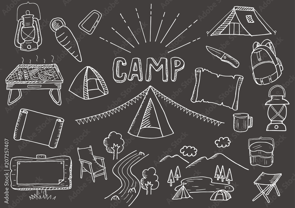 キャンプ関連のイラストセット 背景黒 Stock Vector Adobe Stock キャンプ関連のイラストセット 背景黒 Stock Vector Adobe Stock