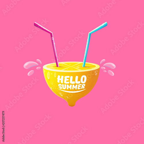 Vector Hello Summer Beach Party Flyer Design template with fresh lemon isolated on soft pink background. Hello summer concept label or poster with orange fruit and typographic text.