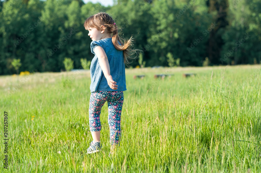 Little girl running in the meadow, back view
