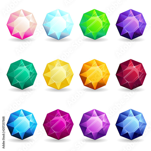 Isolated colorful gemstones of octagon shape set. Vector illustration for jewelry design.