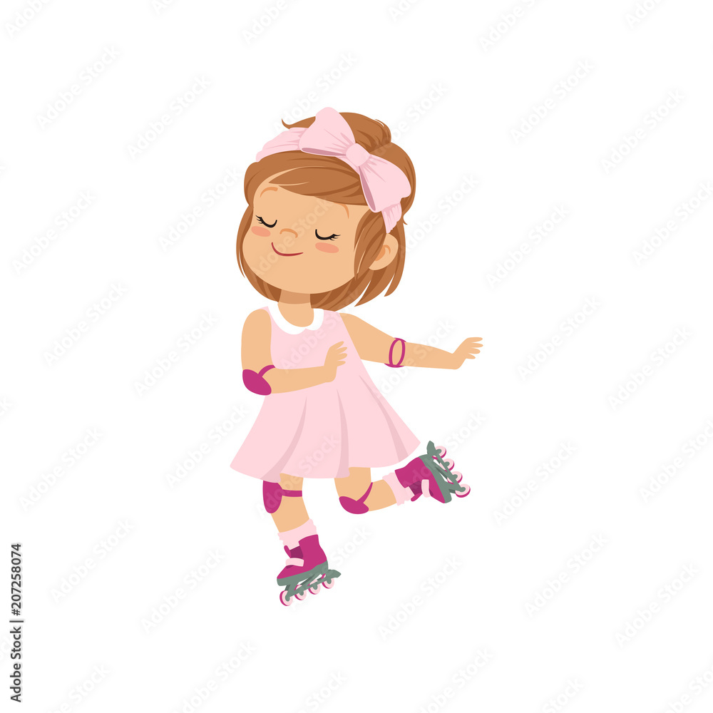 Sweet little girl in pink dress skating on rollerblades, kids physical activity concept vector Illustration on a white background Sweet little girl in pink dress skating on rollerblades, kids physical activity concept vector Illustration on a white background