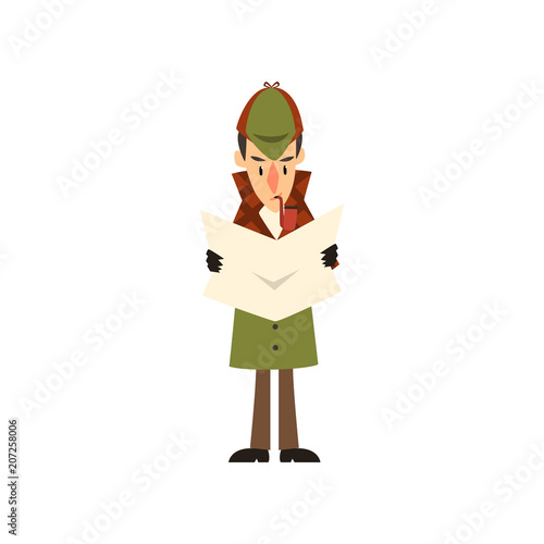 Sherlock Holmes detective character reading newspaper vector Illustration on a white background.