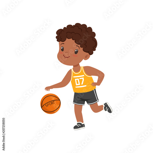 Cute little african american boy playing basketbal, kids physical activity concept vector Illustration on a white background