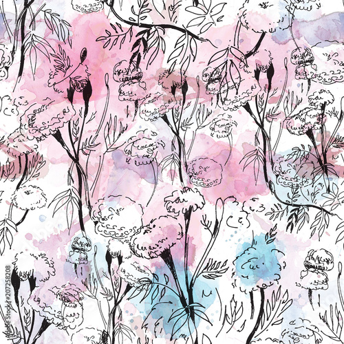 Contour floral pattern on abstract watercolor background