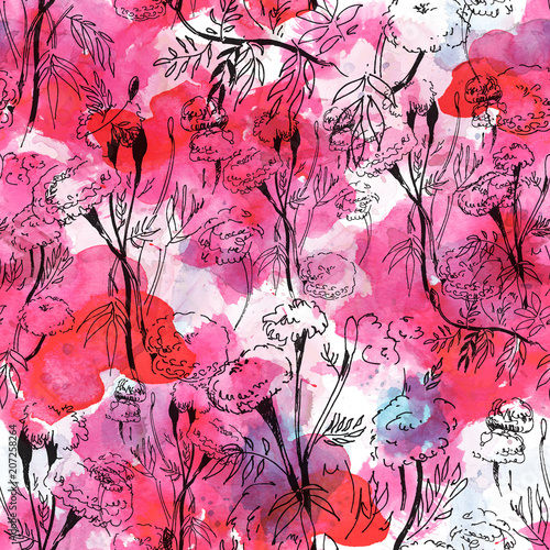 Contour floral pattern on abstract watercolor background