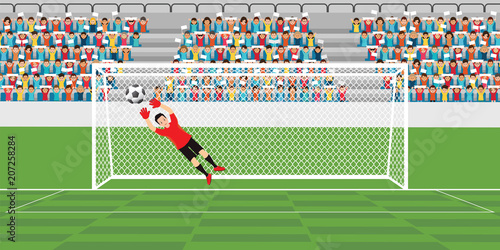 Goalkeeper jumping to catch soccer ball.