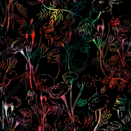 Contour floral pattern on black background