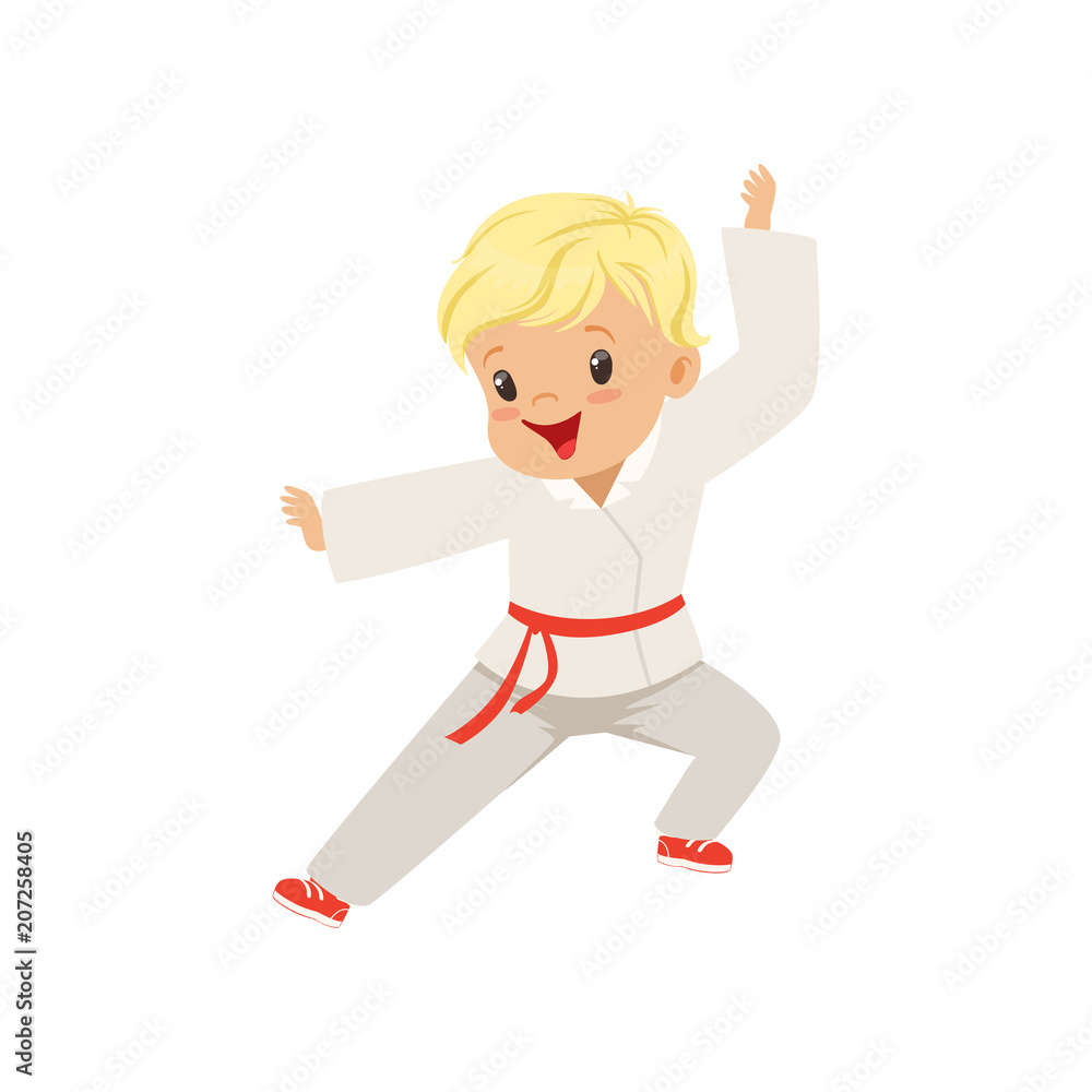 Cute little boy doing karate in kimono, kids physical activity concept  vector Illustration on a white background Stock Vector | Adobe Stock