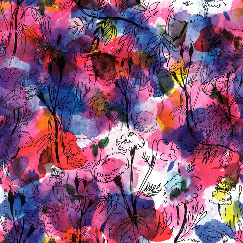 Contour floral pattern on abstract watercolor background