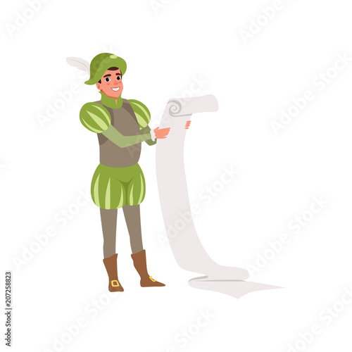 Royal scribe European medieval character holding a scroll vector Illustration on a white background